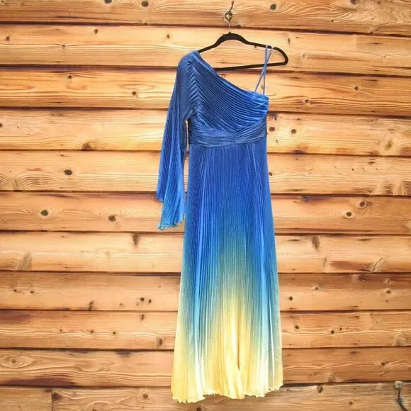 MAC DUGGAL 49903 Blue Ombre Pleated Charmeuse One-Shoulder Gown Dress 6 FLAWS - Picture 7 of 16